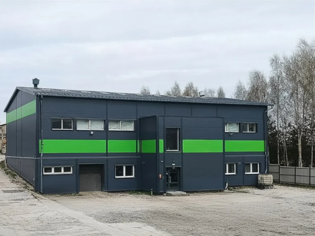 zdjęcie przedstawia przód budynku zakładu produkcyjnego Pavisorte w Brzozówce